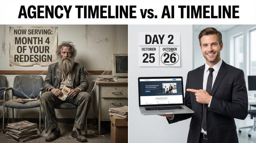 Calendar showing 2 days vs 6 months website redesign timeline comparison