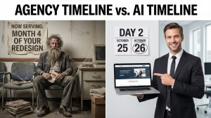Calendar showing 2 days vs 6 months website redesign timeline comparison