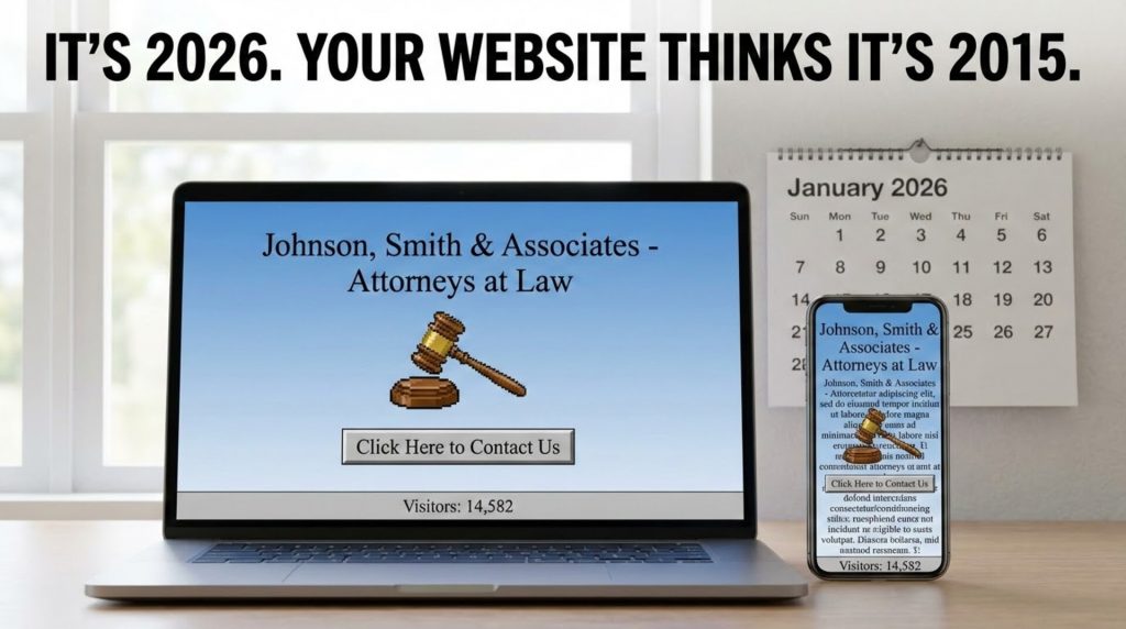 Outdated 2015-style law firm website next to modern 2026 design
