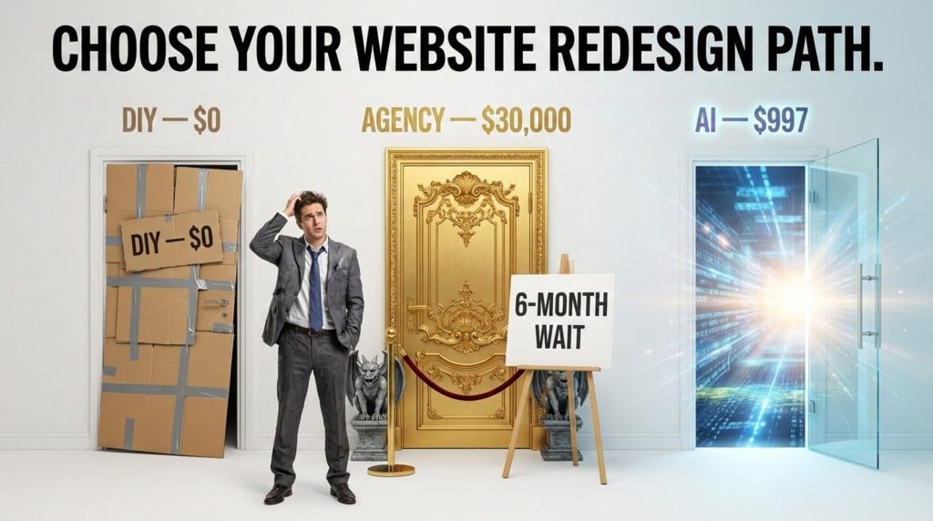 Law firm owner comparing DIY, agency, and AI website redesign options