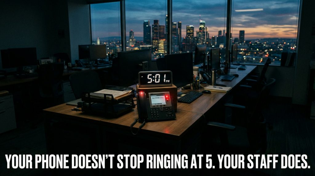 Empty law office after 5 PM with phone ringing - missed calls visualization