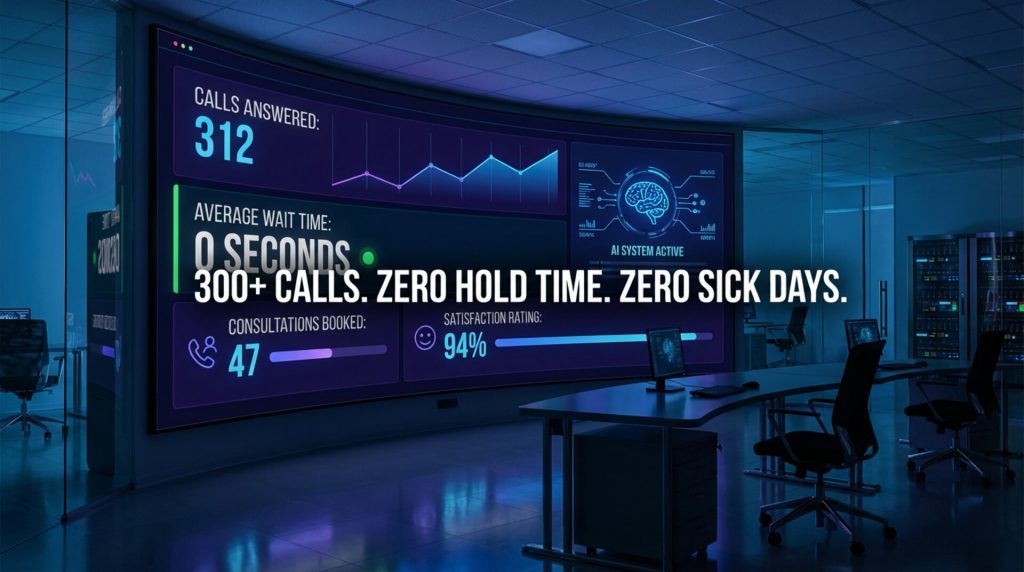 AI phone system dashboard showing 300+ calls answered with zero hold time