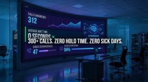 AI phone system dashboard showing 300+ calls answered with zero hold time