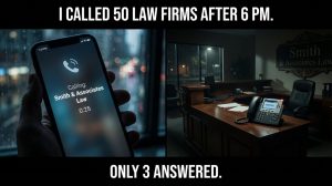 Split image - dark law office at night with unanswered phone call