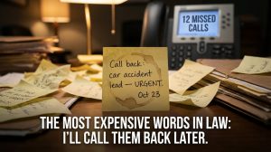 Law firm desk with sticky note 'Call back later' and missed opportunity